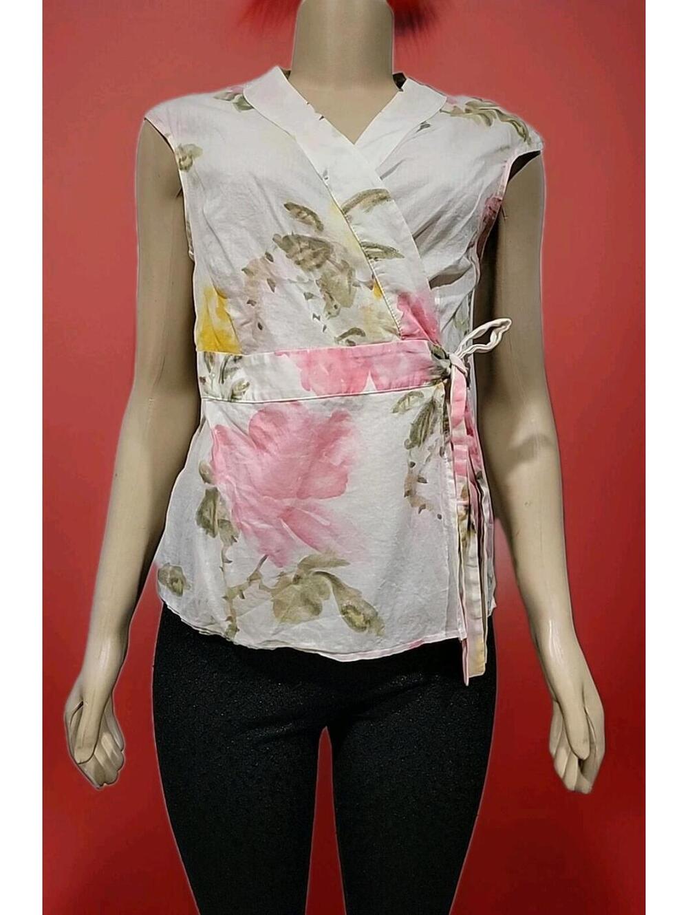 Odille Women's Top Size M Bow-detail Cotton Floral Wrap Blouse #CB2